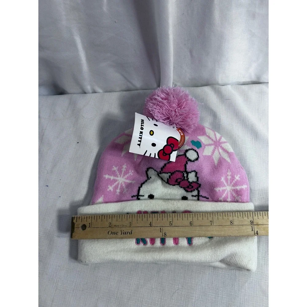 Hello Kitty Beanie OS Pink White Snowflake Pom Pom Knit Hat Kids